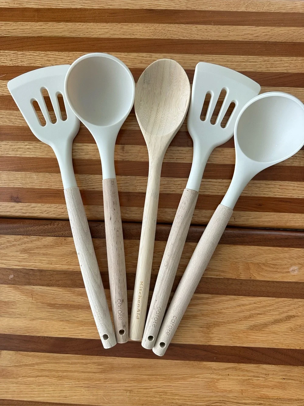 Kitchen Utensils - 4 Carote pieces & 1 Kitchen Aid wooden spoon (like new)